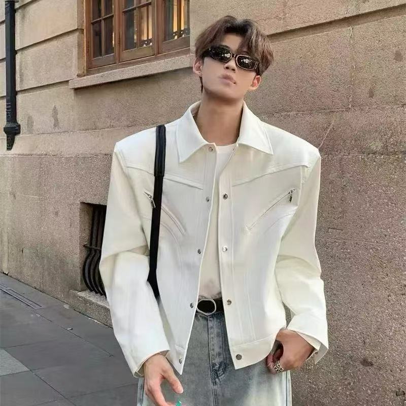 American short-length straight-shoulder leather jacket(Anchor development)